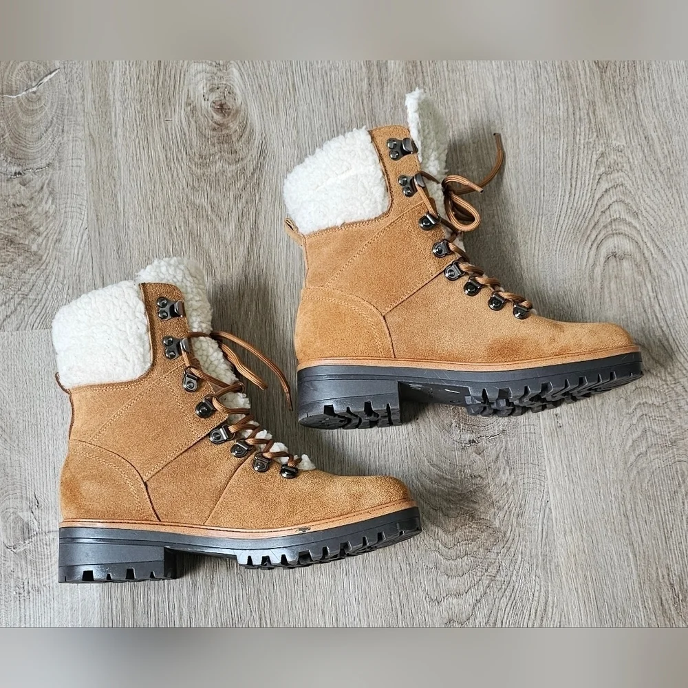 Marc Fisher Tan Suede Sherpa-Lined Lace-Up Winter Boots – Size 8M - Picture 9 of 12